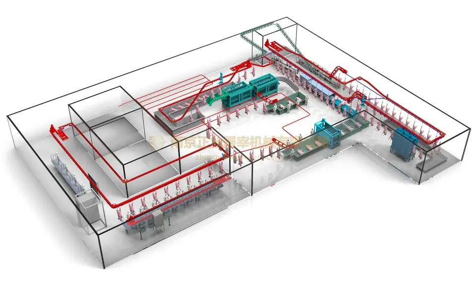 Three-dimensional pig-line layout illustration with stations and overhead conveying
