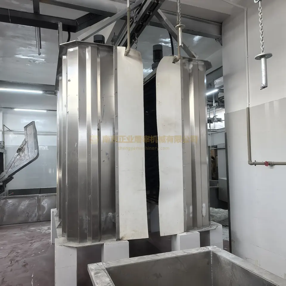Enclosed pig-processing station beside a stainless collection trough